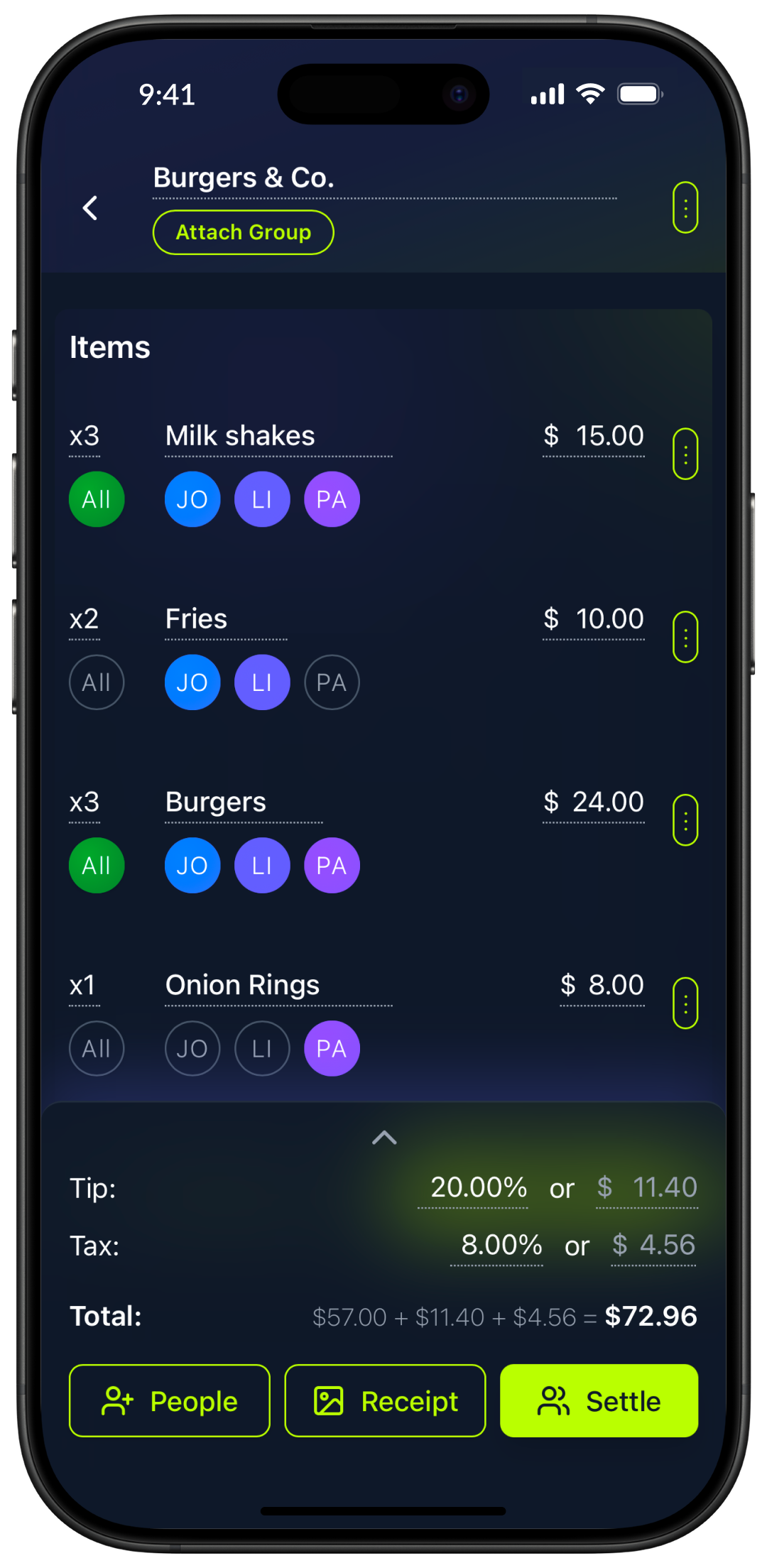 Obe app showing receipt scanning — a restaurant bill is automatically line-itemized with each dish assigned to the person who ordered it
