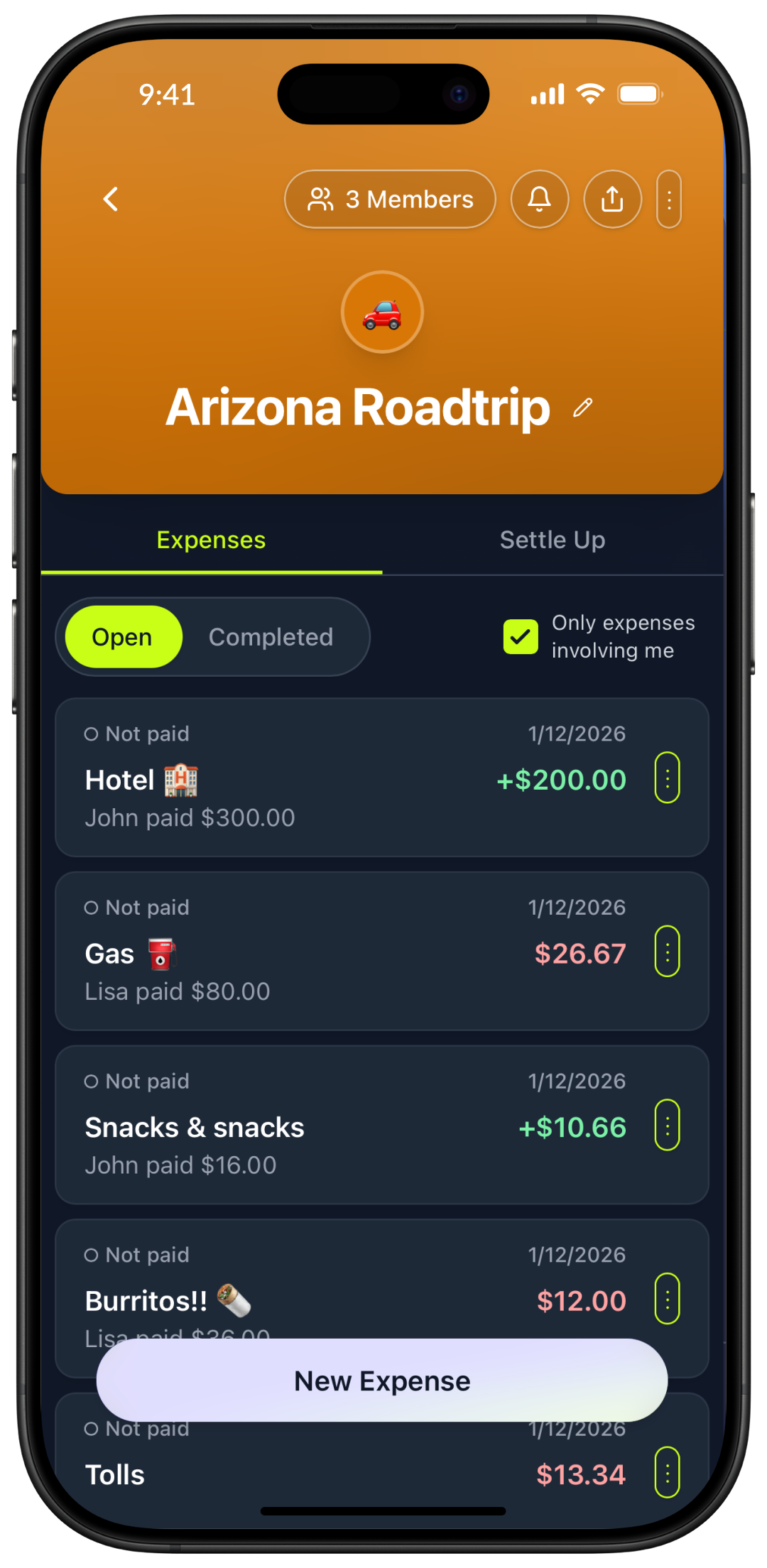 Obe app showing a road trip group expense list with hotel, gas, snacks, and individual balances