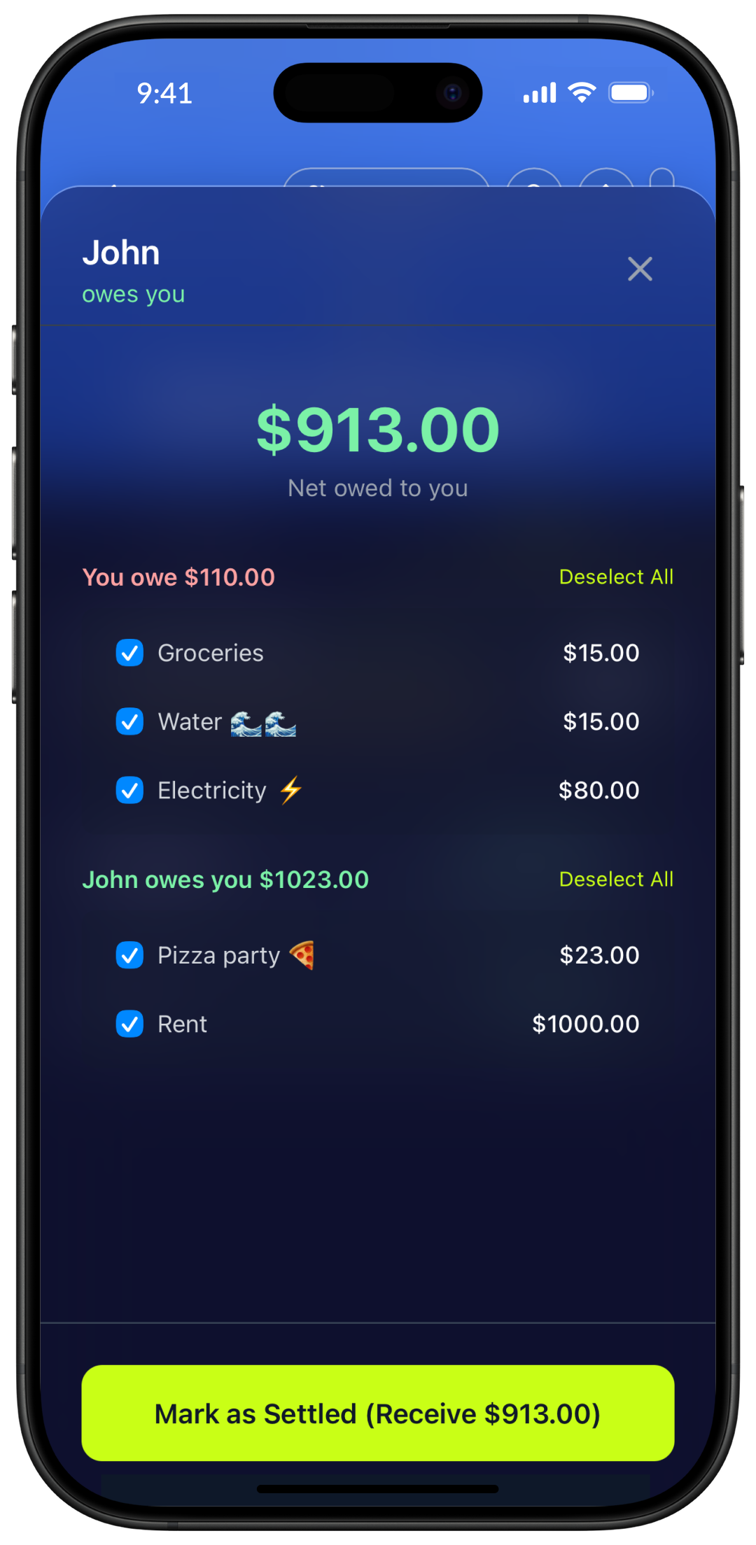 Obe app showing roommate settle-up screen with shared expenses and net balances